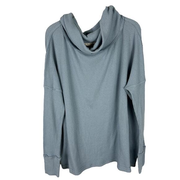 Free People Lagenlook Blue Split Back Cowl Neck Waffle Knit Thermal L - Picture 1 of 4
